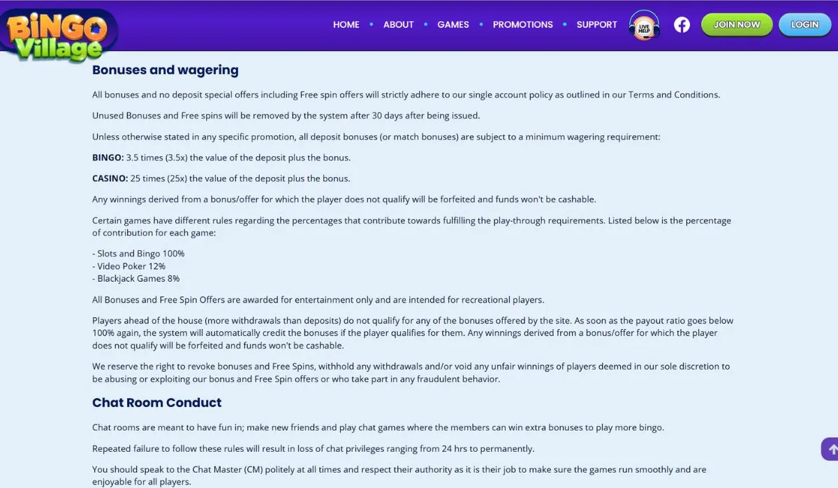 Bingo Village Bonuses and wagering terms
