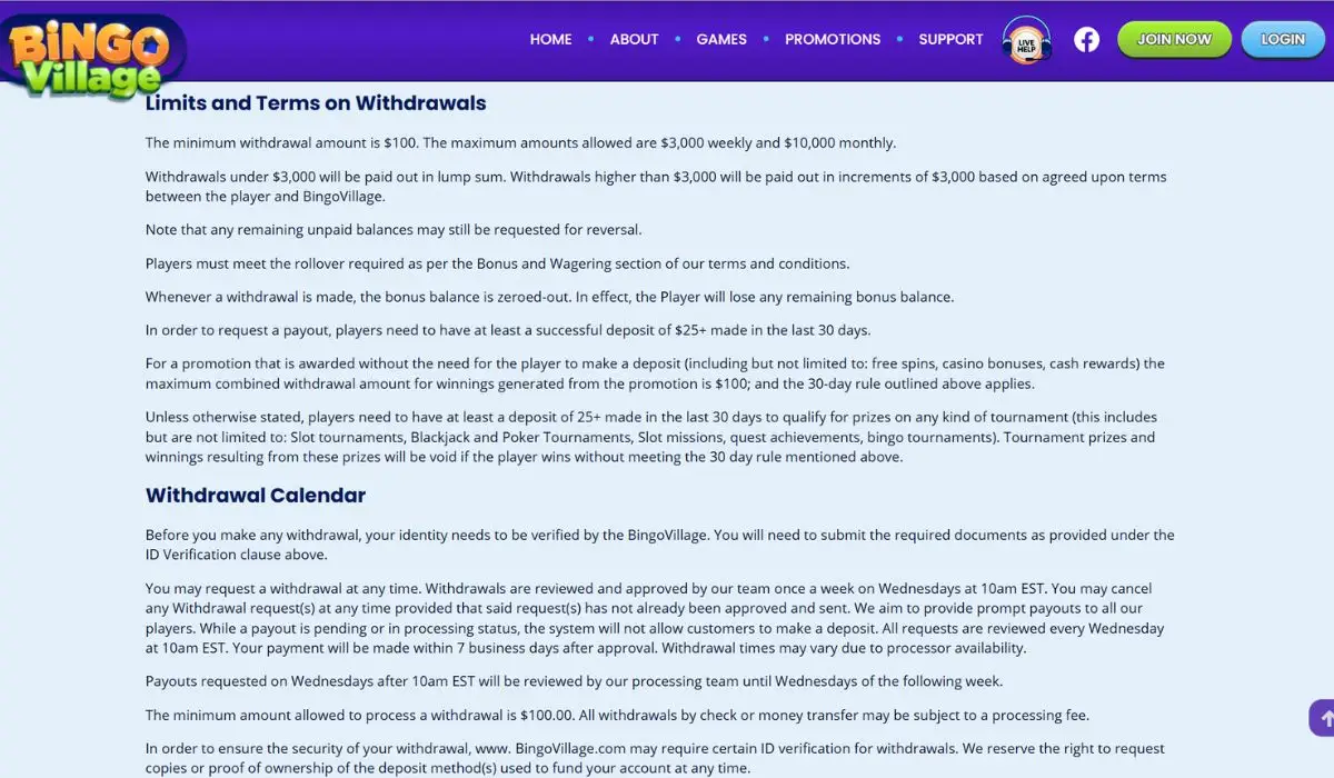 withdrawal terms in bingovillage
